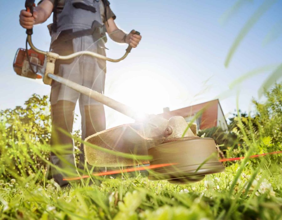 shutterstock_672424711 Person using string trimmer on sunny day.